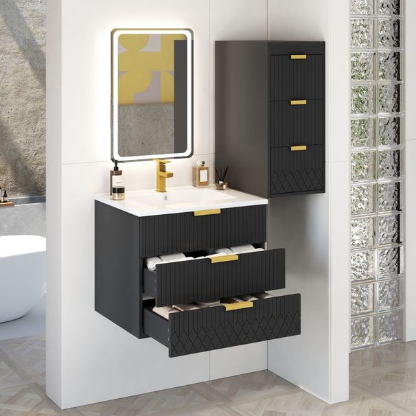 24inch Wall Mounted Floating Cabinet With Side Cabinet Combo, Rectangular Vanity, Small Bathroom Sink With Single Faucet Hole And Overflow, Modern Bathroom Cabinet With Ceramic Basin Sink_maomaolike.com