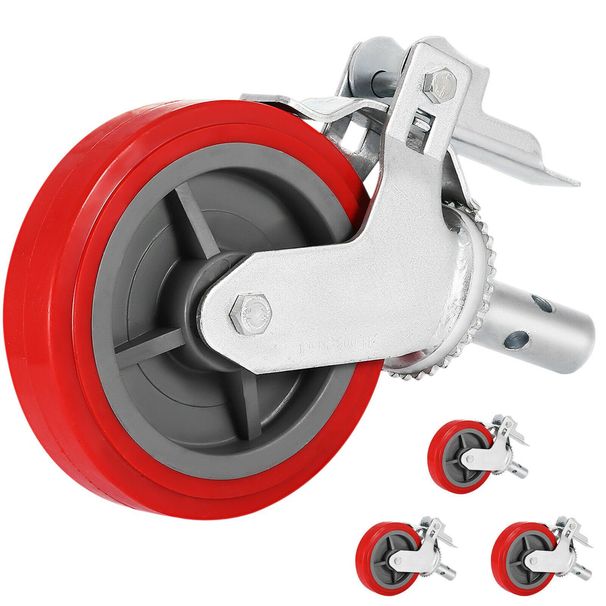 VEVOR Scaffolding Wheels Set Of 4, 8" - Scaffolding Casters Heavy Duty, 3200 Lbs Per Set - Locking Stem Casters With Brake, Red Polyurethane - Replacement For Scaffold, Shelves, Workbench_maomaolike.com