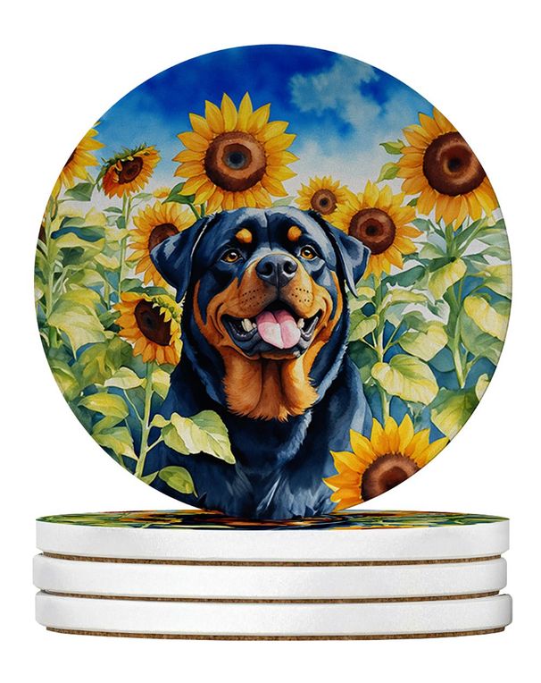 Rottweiler In Sunflowers Large Sandstone Coasters Pack Of 4 Absorbent Round Coasters Decor Gifts For Men Or Women, 4 In, Multicolor_maomaolike.com