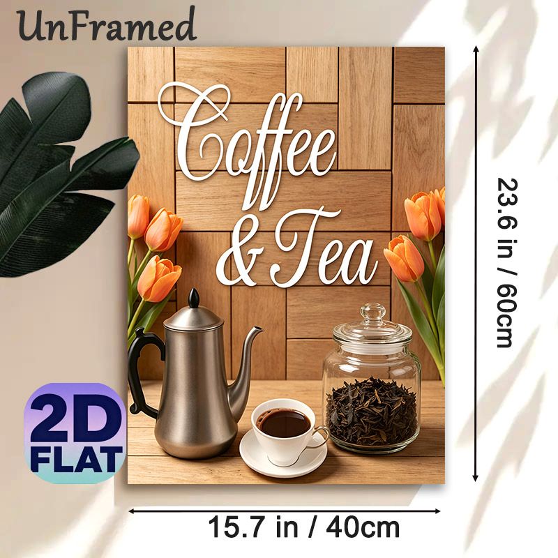 Coffee & Tea Themed Painting Poster, Warm-toned Rustic Cozy Scene Poster, Inviting Design With Coffee Pot, Tea Jar And Orange Tulips, Ideal For_maomaolike.com