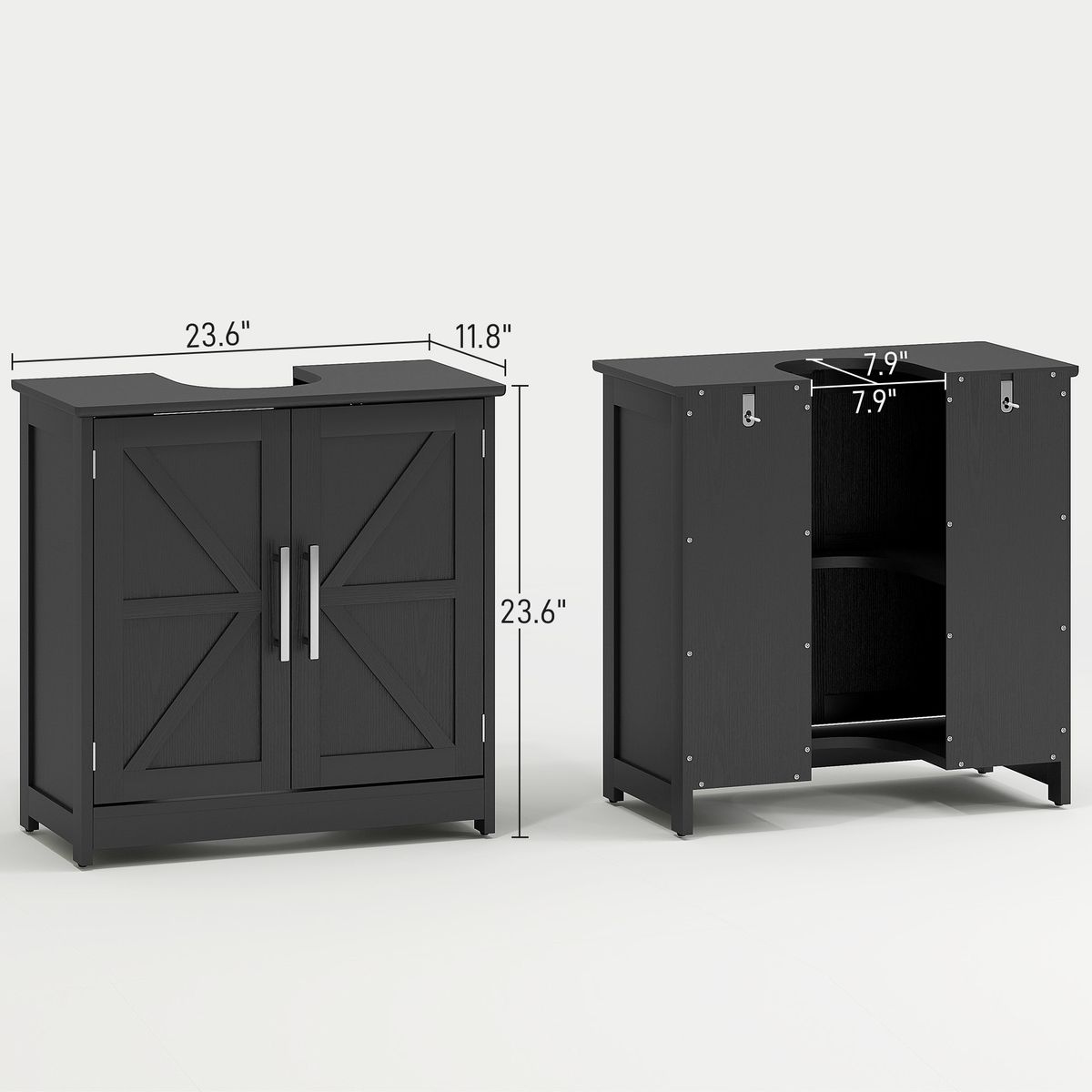 Farmhouse Pedestal Sink Storage Cabinet, Bathroom Sink Cabinet With 2 Barn Doors And Adjustable Shelf, Distressed Black_maomaolike.com