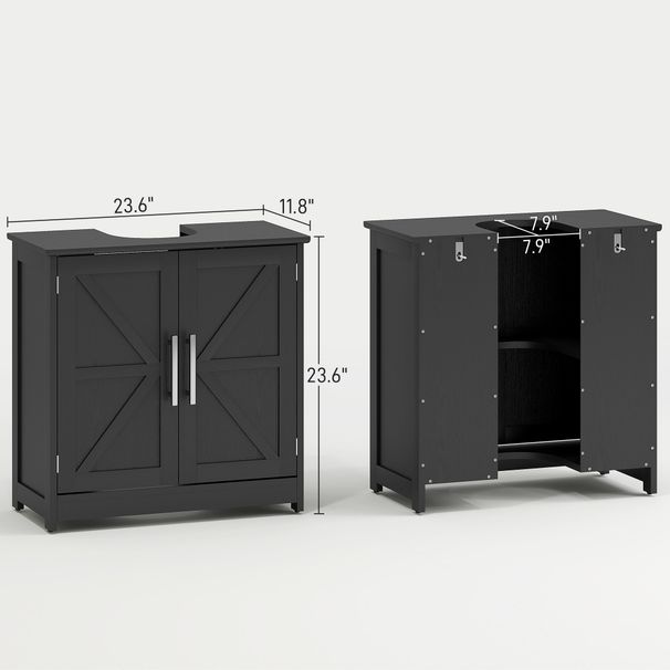Farmhouse Pedestal Sink Storage Cabinet, Bathroom Sink Cabinet With 2 Barn Doors And Adjustable Shelf, Distressed Black_maomaolike.com