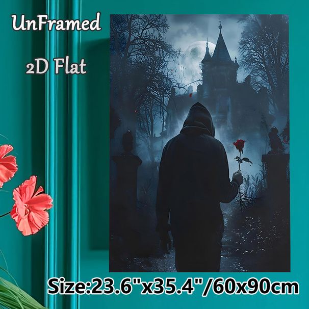 Gothic Hooded Figure With Rose Painting Poster, Mysterious Dark-toned Poster, Hooded Figure Holding Red Rose Before Moonlit Spooky Castle, Eerie_maomaolike.com