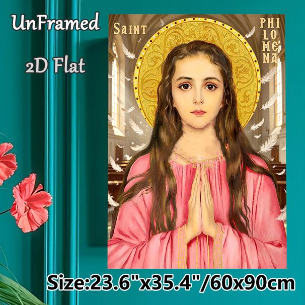 Saint Philomena Painting Poster, Exquisite Realistic Religious Art Poster, Serene Praying Figure With Golden Halo & Floating Feathers, Ideal For_maomaolike.com