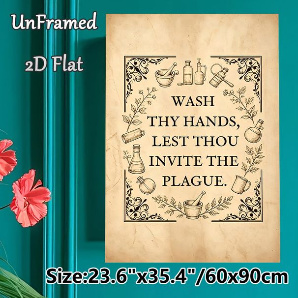 Vintage Hand Washing Reminder Painting Poster, Retro Sketch-style Poster With Apothecary Tools & Herbal Motifs, Humorous Hygiene Reminder Suitable For_maomaolike.com
