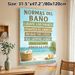 Spanish Bathroom Rules Painting Poster, Coastal-themed Serene Beach Scene With Bath Essentials Poster, Clearly Displays Bathroom Guidelines, Suitable_maomaolike.com