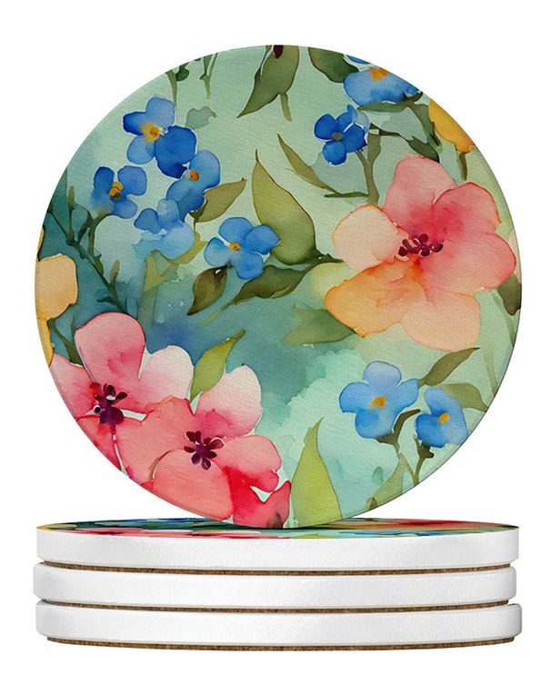 Alaska Forget-me-nots In Watercolor Large Sandstone Coasters Pack Of 4 Absorbent Round Coasters Decor Gifts For Men Or Women, 4 In, Multicolor_maomaolike.com