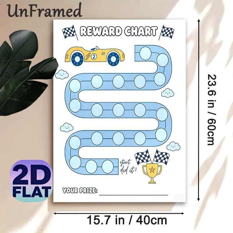 Race Car Themed Reward Chart Painting Poster, Cute Cartoon Race Track With Trophy & Clouds Poster, Practical Tool To Track Progress And Reward_maomaolike.com