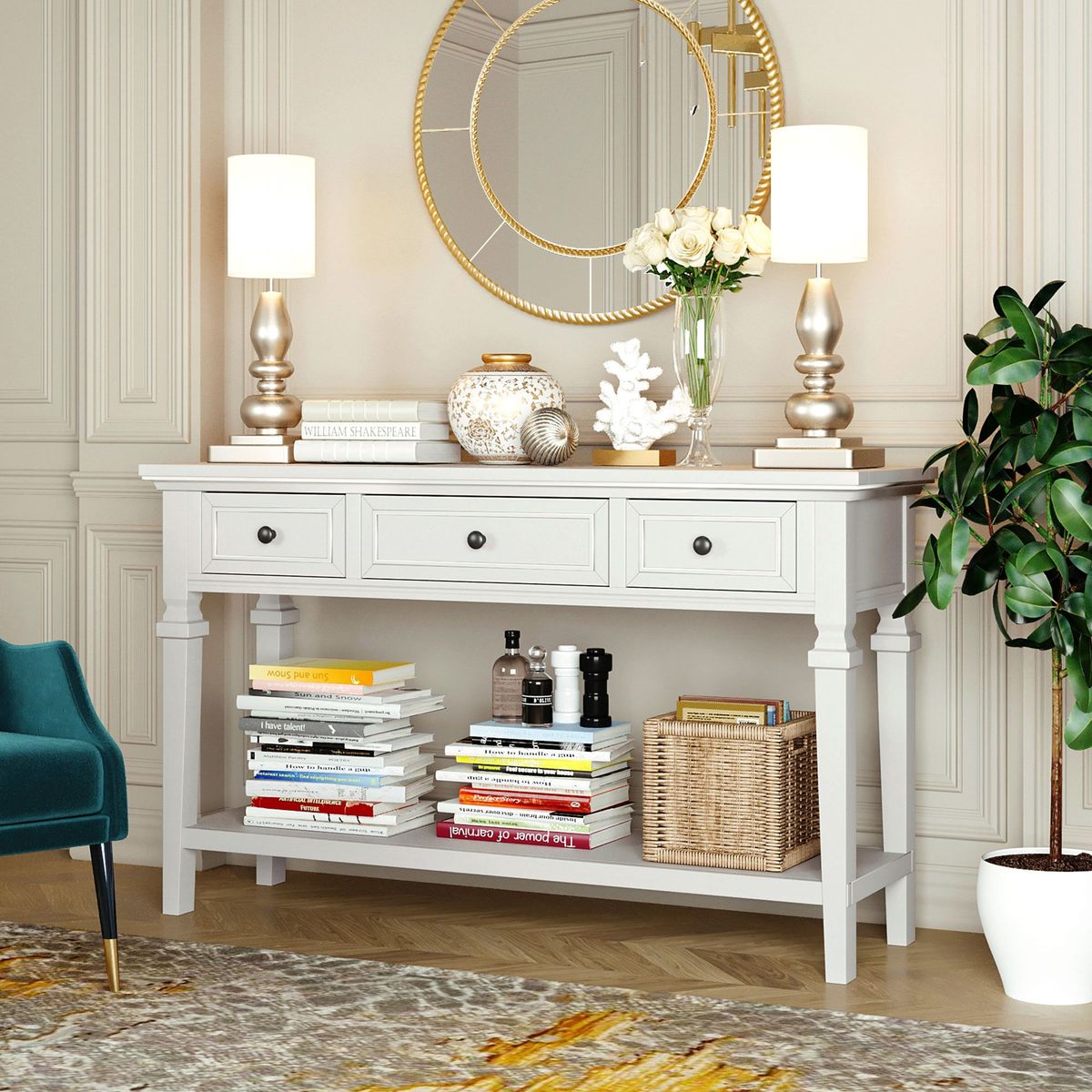 Classic Retro Style Console Table With Three Top Drawers And Open Style Bottom Shelf,Easy Assembly_maomaolike.com