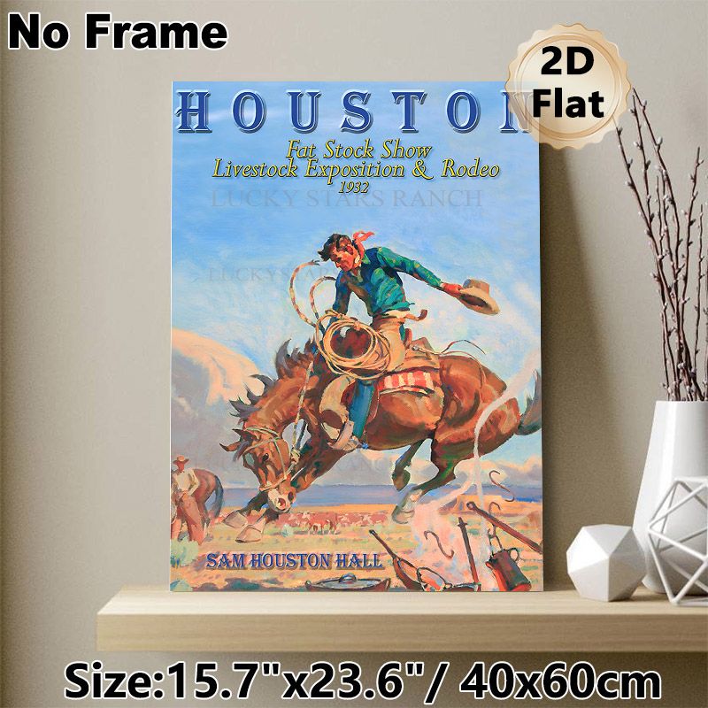 Houston Rodeo Cowboy Painting Poster, Vintage Western-style Vibrant Cowboy Riding Bucking Horse Poster, Retro Nostalgic Wall Decor Ideal For Living_maomaolike.com