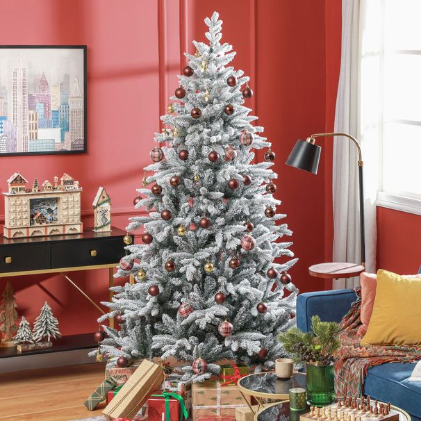 7 Ft Snow Flocked Artificial Christmas Tree With 1401 Tips, Foldable Metal Stand, Easy Assembly, Hinged Xmas Tree For Home, Office, Holiday, Green_maomaolike.com