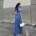 Women's Clothing slim T-shirt high waist blue pleated mopping pants casual _maomaolike.com