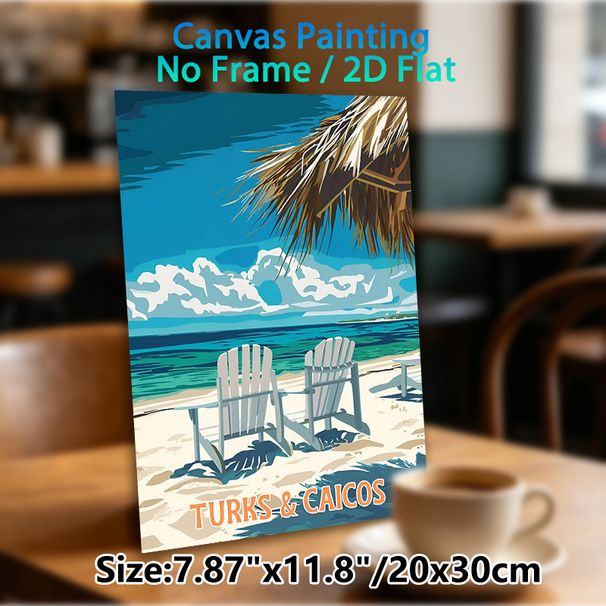 Turks & Caicos Beach Painting Poster, Vibrant Retro Travel Style Poster, Relaxing Coastal Scene With Beach Chairs, Ideal For Bedroom, Living Room Or_maomaolike.com