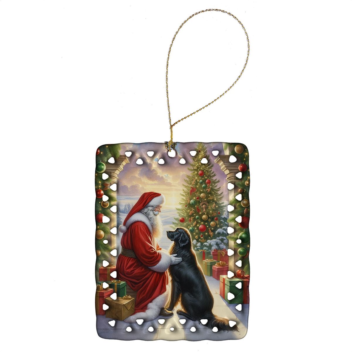 Flat-Coated Retriever And Santa Claus Porcelain Ornament Christmas Tree Hanging Decorations For Home Christmas Holiday, Rectangle, Gift, Multicolor_maomaolike.com