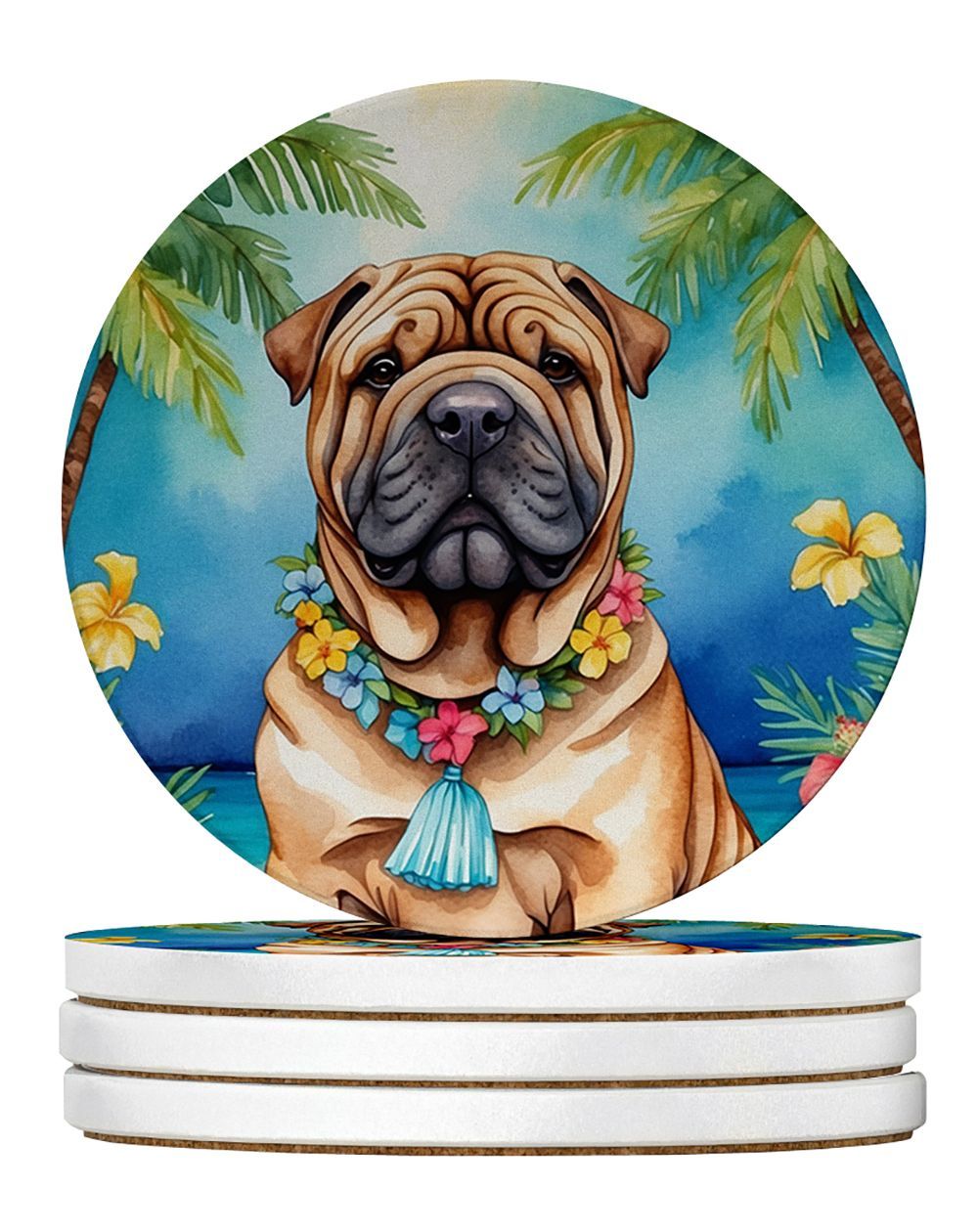 Shar Pei Luau Large Sandstone Coasters Pack Of 4 Absorbent Round Coasters Decor Gifts For Men Or Women, 4 In, Multicolor_maomaolike.com