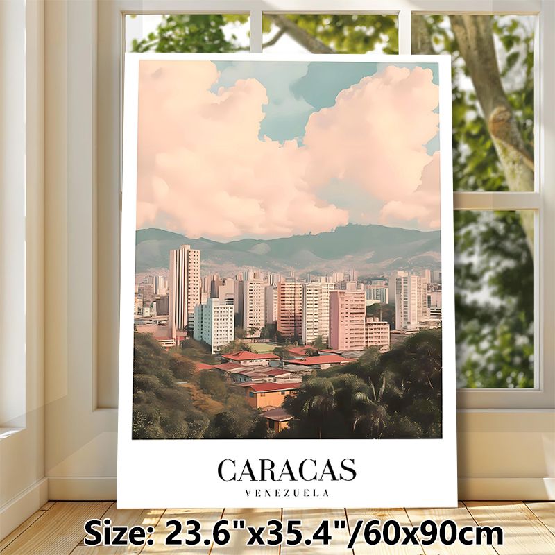 Caracas Cityscape Painting Poster, Soft-toned Watercolor Style Urban Skyline With Mountains & Buildings Poster, Captures Local City Charm, Ideal For_maomaolike.com