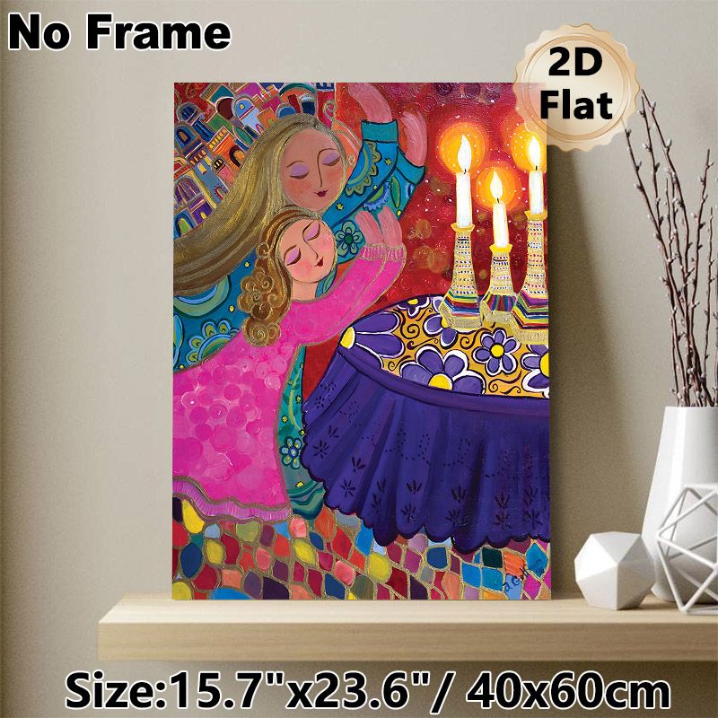 Two Embracing Female Figures With Lit Candles Painting Poster, Vibrant Whimsical Folk Art Style Poster, Rich Textured Colorful Decorative Piece, Ideal_maomaolike.com