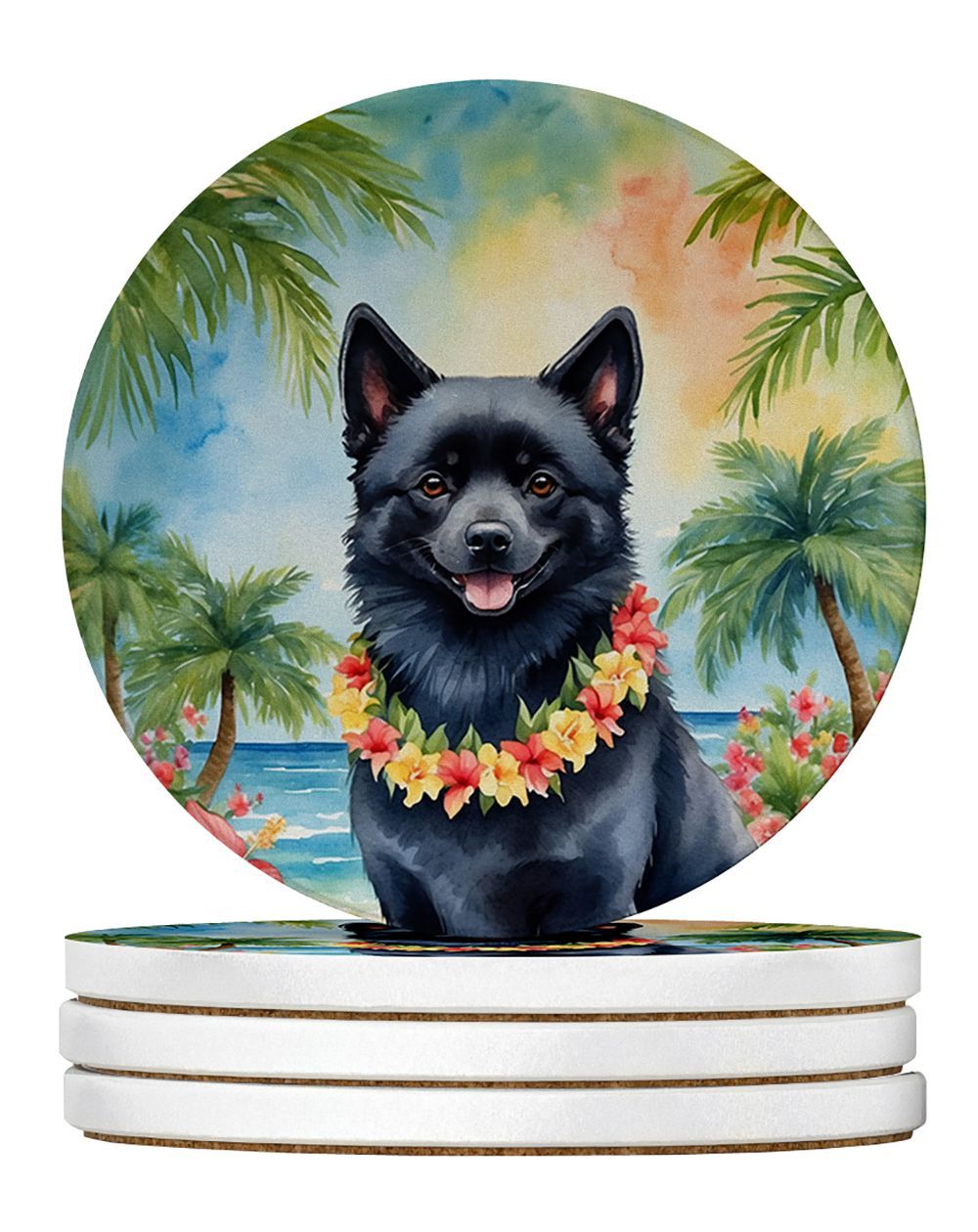 Schipperke Luau Large Sandstone Coasters Pack Of 4 Absorbent Round Coasters Decor Gifts For Men Or Women, 4 In, Multicolor_maomaolike.com
