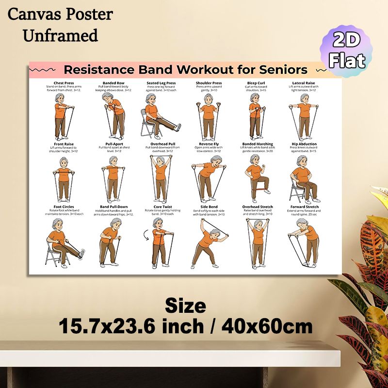 Seniors' Resistance Band Workout Painting Poster, Clear Cartoon-style Exercise Guide Poster, Detailed Gentle Fitness Instructions, Suitable For Home_maomaolike.com