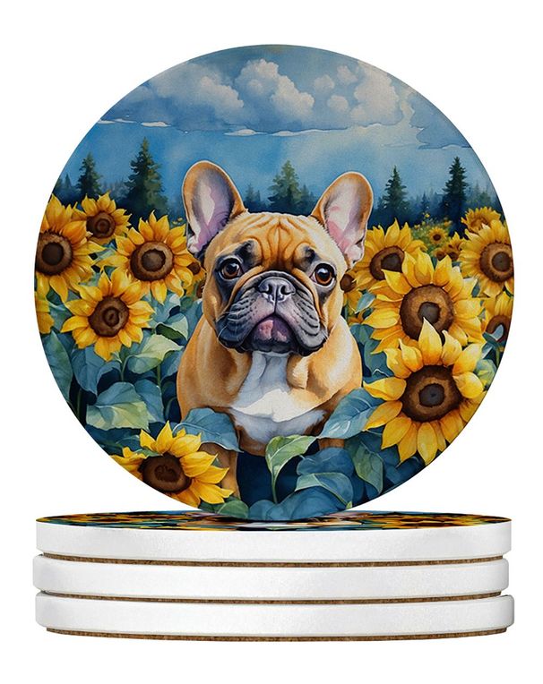 French Bulldog In Sunflowers Large Sandstone Coasters Pack Of 4 Absorbent Round Coasters Decor Gifts For Men Or Women, 4 In, Multicolor_maomaolike.com