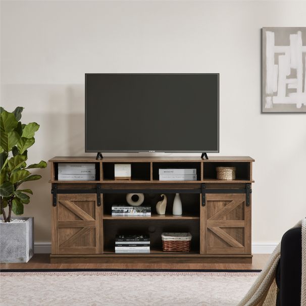 TV Stand Sliding Barn Door Modern&Farmhouse Wood Entertainment Center, Storage Cabinet Table Living Room With Adjustable Shelves For TVs Up To 65",Natural Brown_maomaolike.com