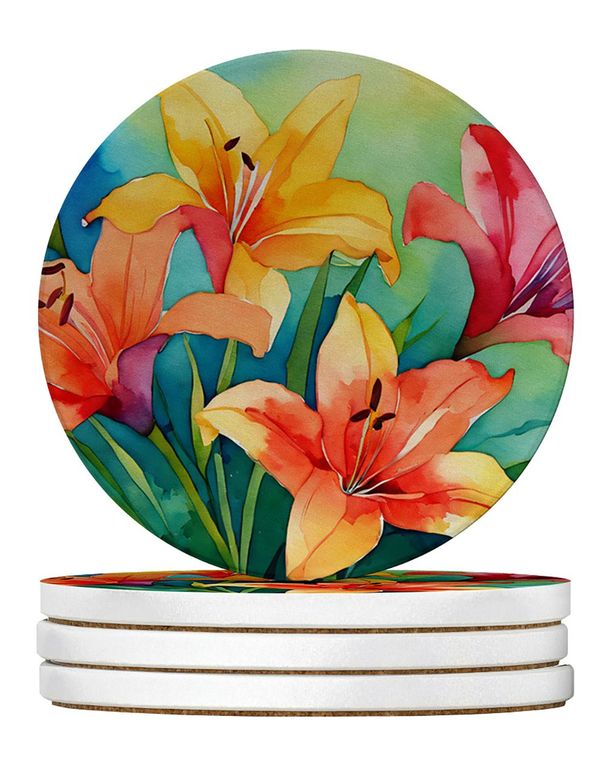 Lilies In Watercolor Large Sandstone Coasters Pack Of 4 Absorbent Round Coasters Decor Gifts For Men Or Women, 4 In, Multicolor_maomaolike.com