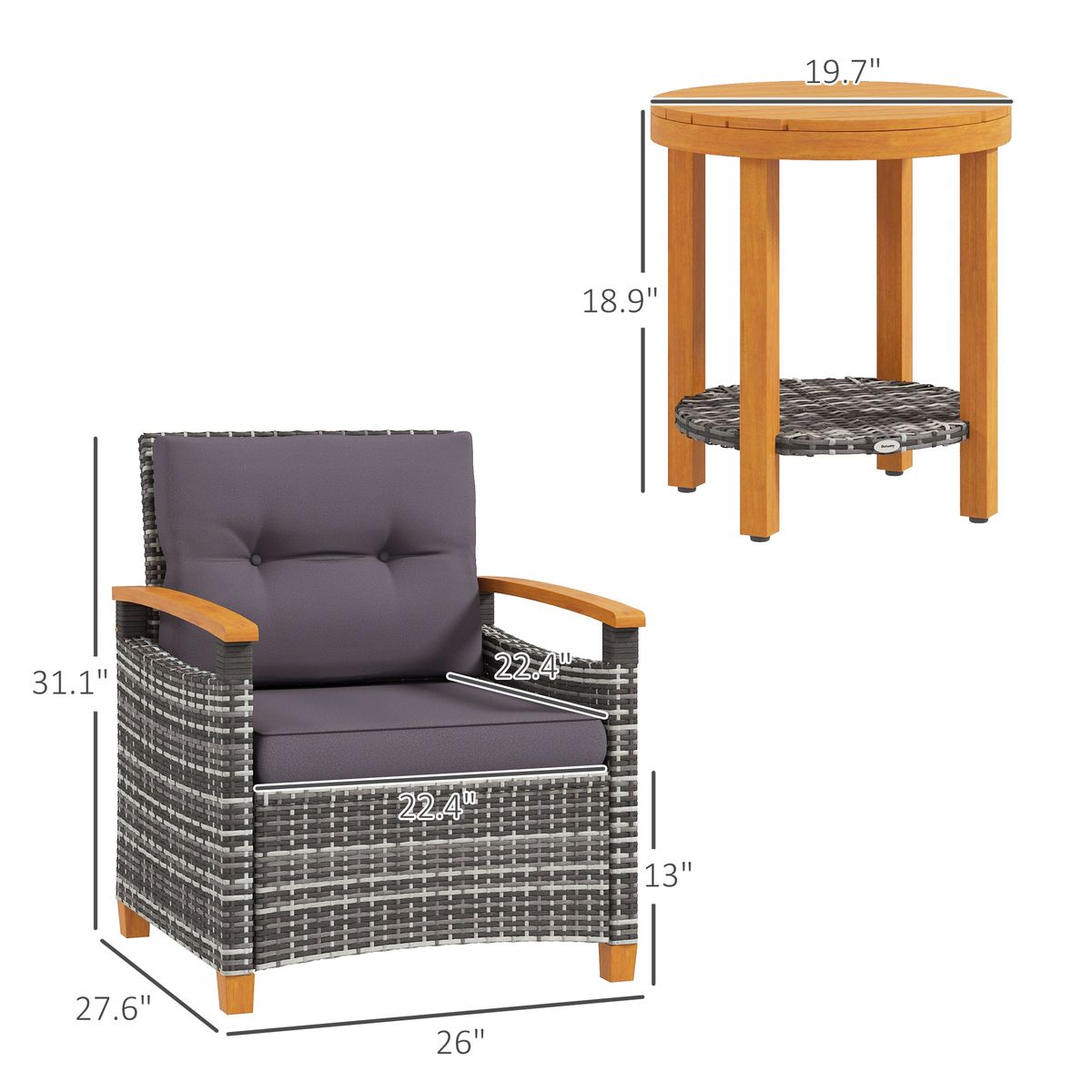 Outdoor Bistro Set Wicker Patio Furniture With Cushions For Porch, Backyard, Garden, Gray_maomaolike.com