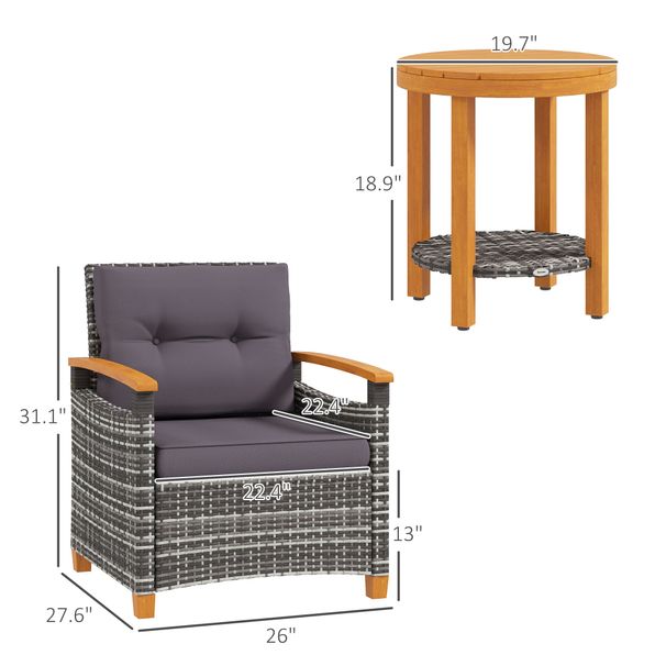 Outdoor Bistro Set Wicker Patio Furniture With Cushions For Porch, Backyard, Garden, Gray_maomaolike.com