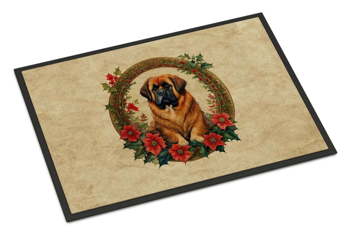 Tibetan Mastiff Christmas Flowers Doormat Front Door Mat Indoor Outdoor Rugs For Entryway, Non Slip Washable Low Pile, 24H X 36W_maomaolike.com