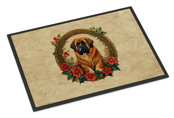 Tibetan Mastiff Christmas Flowers Doormat Front Door Mat Indoor Outdoor Rugs For Entryway, Non Slip Washable Low Pile, 24H X 36W_maomaolike.com