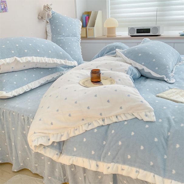 Ins Girl Heart Korean Style Thickened Warm Coral Milk Fleece Four-Piece Set Ruffled Winter French Velvet Bed Skirt_maomaolike.com