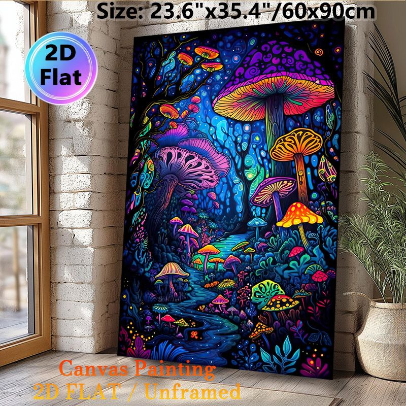 Psychedelic Mushroom Painting Poster, Vibrant Whimsical Fantasy Forest Scene Poster, Eye-catching Vivid Hues, Suitable For Living Room, Bedroom Or_maomaolike.com