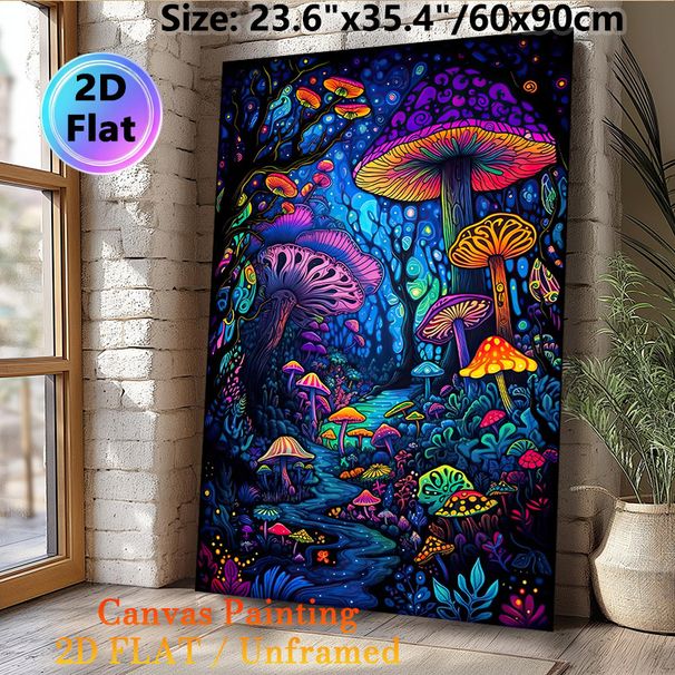 Psychedelic Mushroom Painting Poster, Vibrant Whimsical Fantasy Forest Scene Poster, Eye-catching Vivid Hues, Suitable For Living Room, Bedroom Or_maomaolike.com