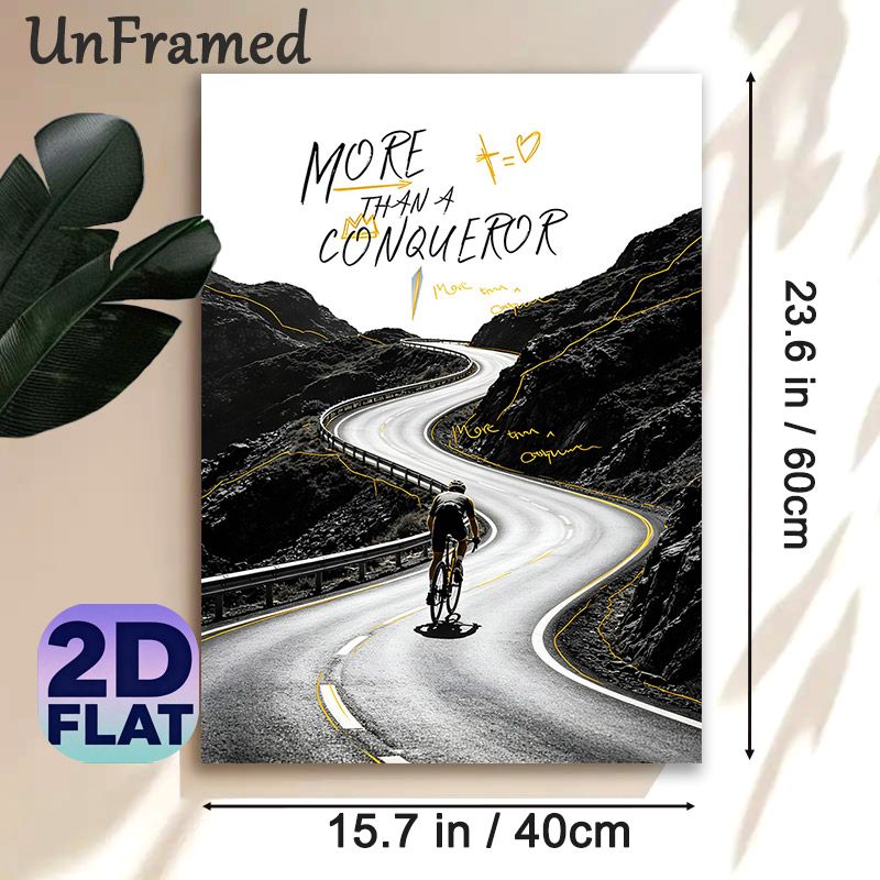 Cycling Motivational Quote Painting Poster, Monochrome With Yellow Accents Cyclist On Winding Mountain Road Poster, Uplifting "More Than A Conqueror_maomaolike.com