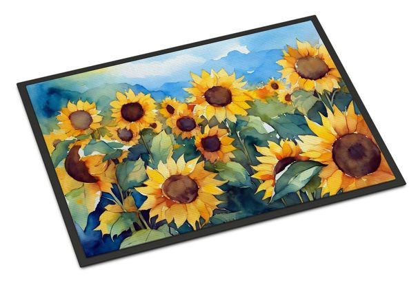 Sunflowers In Watercolor Doormat Front Door Mat Indoor Outdoor Rugs For Entryway, Non Slip Washable Low Pile, 24H X 36W_maomaolike.com