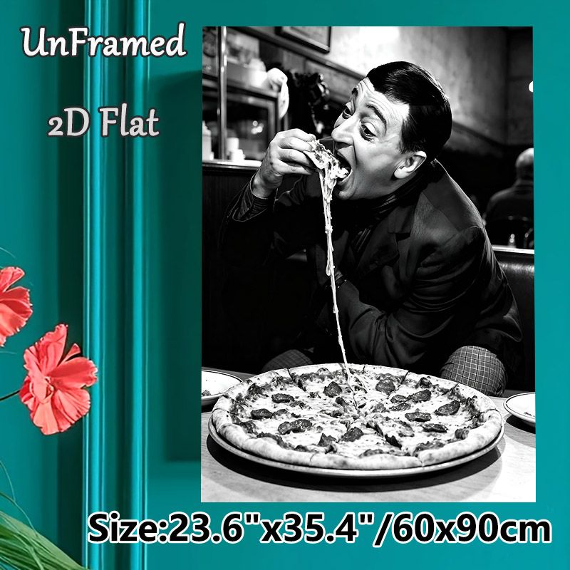 Vintage Pizza-eating Man Painting Poster, Monochrome Nostalgic Diner Scene Poster, Eye-catching Food-themed Decor For Restaurant, Kitchen And Dining_maomaolike.com