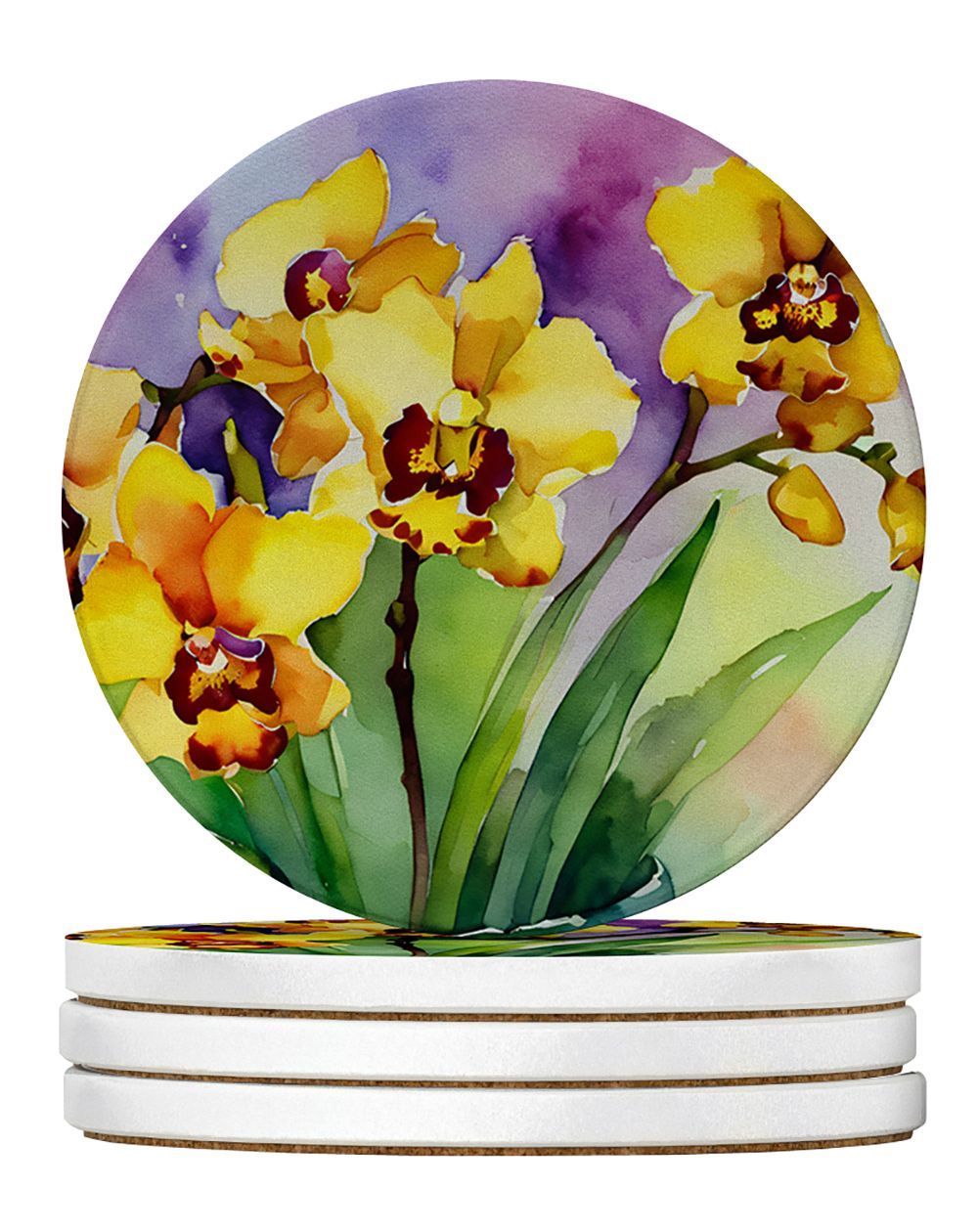 Orchids In Watercolor Large Sandstone Coasters Pack Of 4 Absorbent Round Coasters Decor Gifts For Men Or Women, 4 In, Multicolor_maomaolike.com