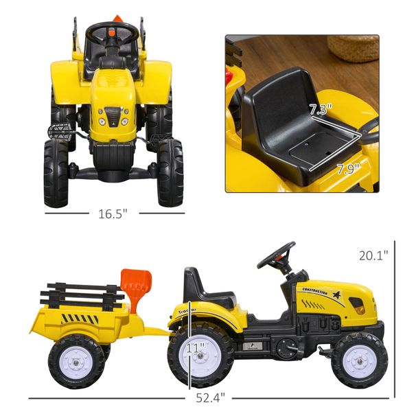 Kids Ride On Tractor With Back Trailer, Shovel & Rake, Horn, Pedal Go Kart For 3 Years Old, Yellow_maomaolike.com