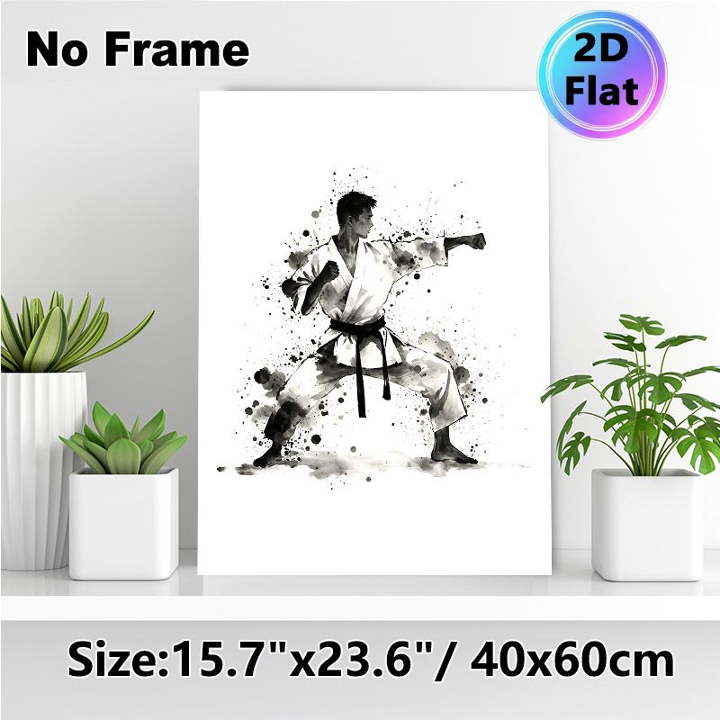 Karate Themed Painting Poster, Monochrome Ink Wash Style Karate Practitioner In Combat Stance Poster, Artistic Splatter Design Ideal For Home Gym_maomaolike.com