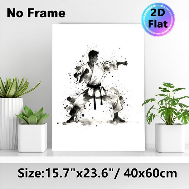 Karate Themed Painting Poster, Monochrome Ink Wash Style Karate Practitioner In Combat Stance Poster, Artistic Splatter Design Ideal For Home Gym_maomaolike.com