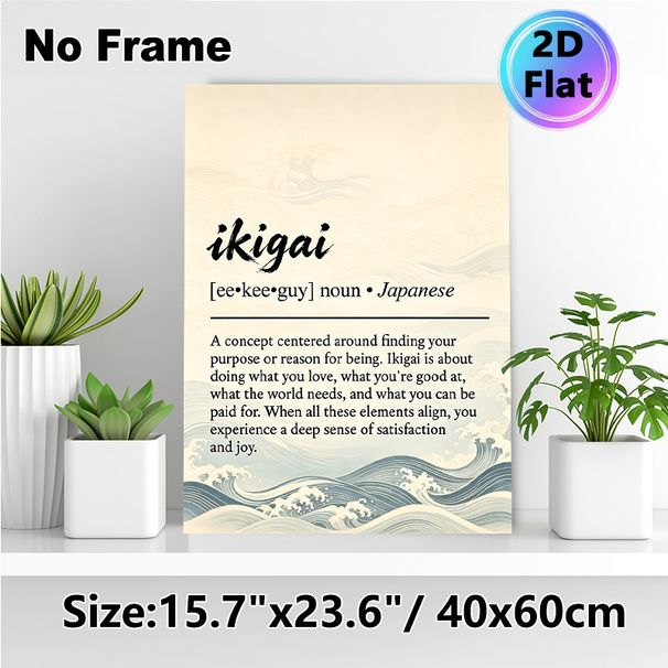 Ikigai Definition Painting Poster, Soft-hued Japanese Ukiyo-e Wave Style Poster, Inspirational Life Purpose Quote Ideal For Home Office, Living Room_maomaolike.com