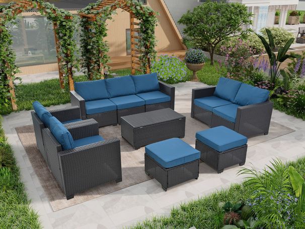 10 Piece PE Rattan Patio Furniture Set, Sectional Sofa Set, Outdoor Patio Furniture Set With Cushions & Tempered Glass Coffee Table_maomaolike.com