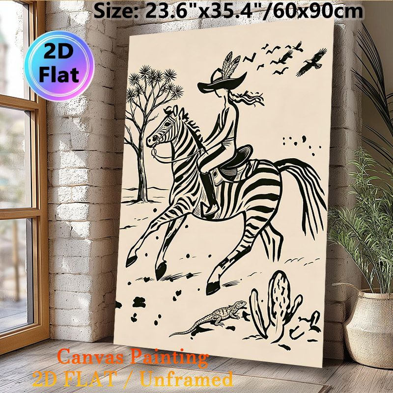 Western Cowboy Riding Zebra Painting Poster, Monochrome Linocut-style Wild Desert Scene Poster, Rustic Wild West Inspired Decor Ideal For Living Room_maomaolike.com