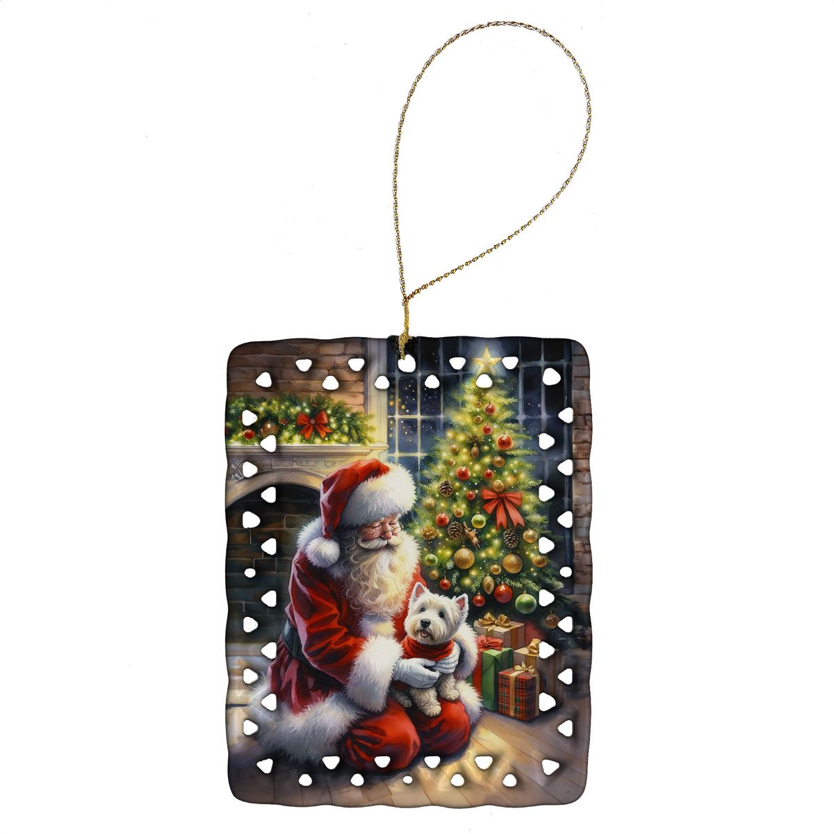 Westie And Santa Claus Porcelain Ornament Christmas Tree Hanging Decorations For Home Christmas Holiday, Rectangle, Gift, Multicolor_maomaolike.com
