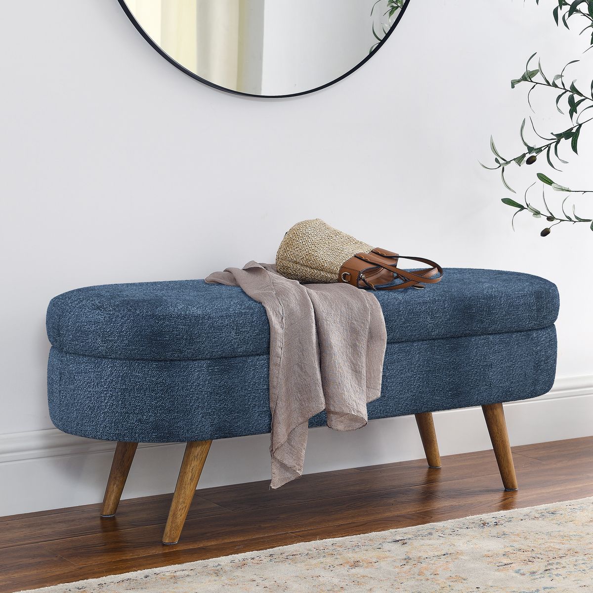 Ottoman Oval Storage Bench,Rubber Wood Legs, Gray (43.5"x16"x16")Dark Blue_maomaolike.com