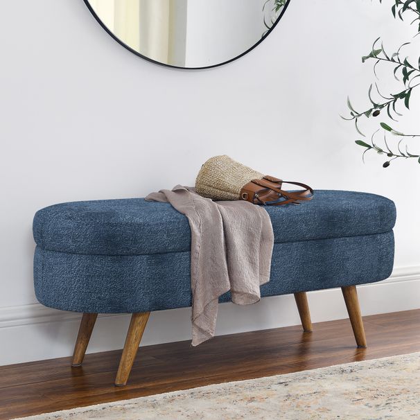 Ottoman Oval Storage Bench,Rubber Wood Legs, Gray (43.5"x16"x16")Dark Blue_maomaolike.com
