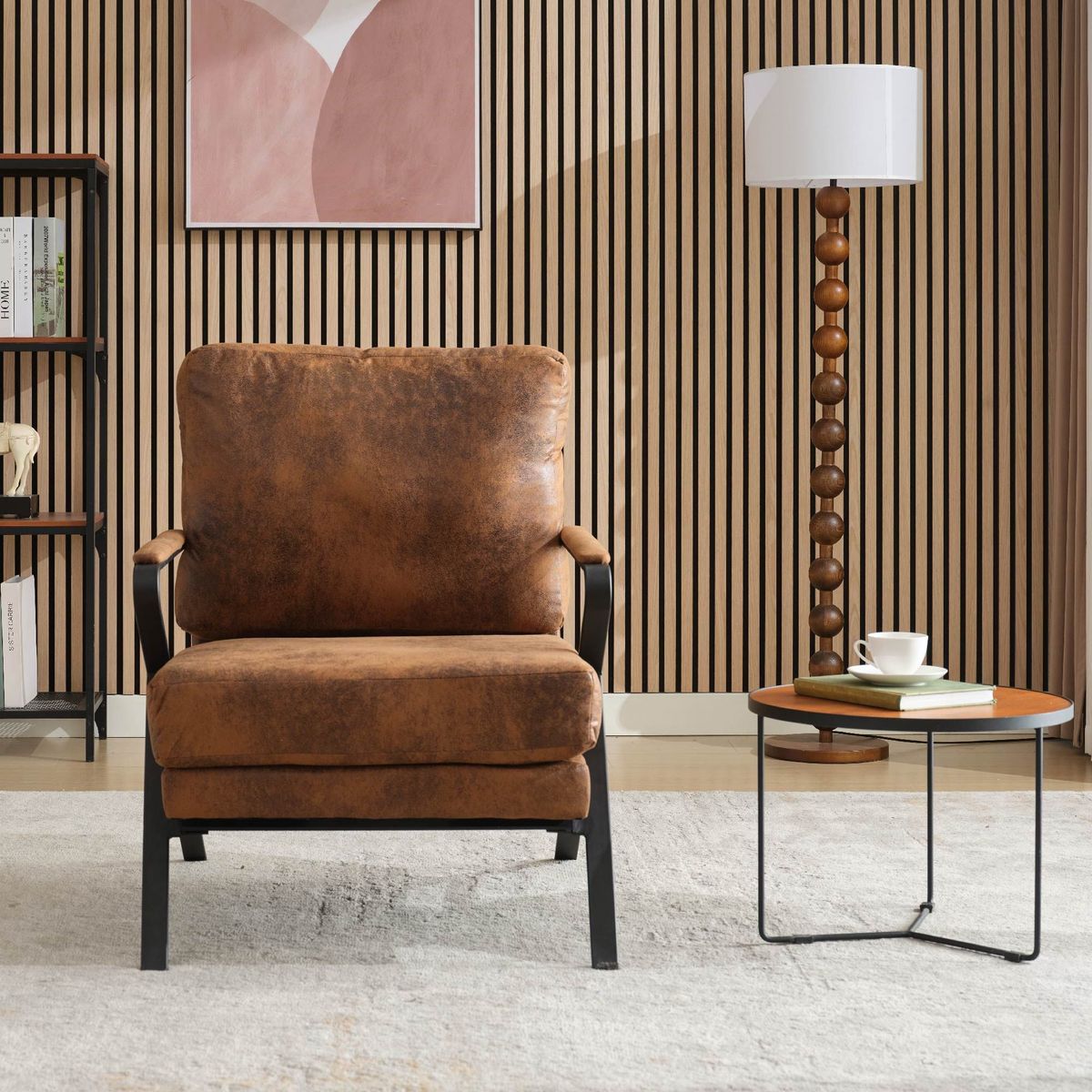 Mid-Century Modern Chair Upholstered Lounge Arm Chair With Iron Frame And Thicker Cushion For Living Room, Reading, Balcony,Brown_maomaolike.com