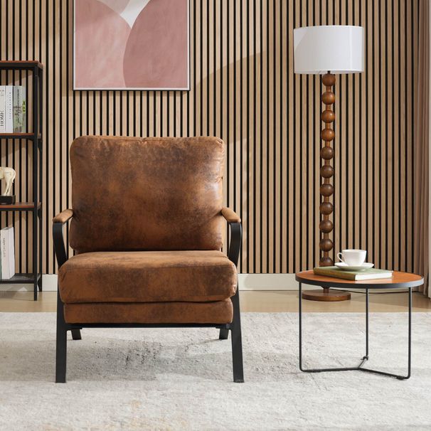 Mid-Century Modern Chair Upholstered Lounge Arm Chair With Iron Frame And Thicker Cushion For Living Room, Reading, Balcony,Brown_maomaolike.com