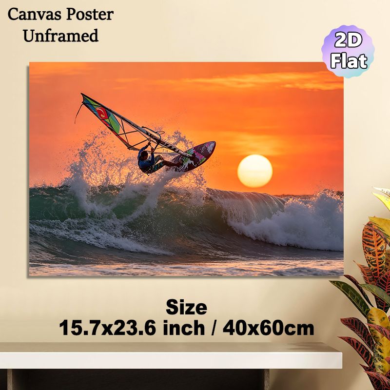 Windsurfing Themed Painting Poster, Vibrant Sunset Seascape Poster, Dynamic Windsurfing Action Against Warm Orange Sunset, Brings Energetic Coastal_maomaolike.com