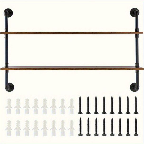 Industrial Pipe Shelf, 2 Tier 48x 9.84in, Wall-Mount Floating Rustic Wood Shelves Bracket Display Bookshelf, Storage Rack Sundries Holder For Kitchen Bedroom Bathroom Living Room, Black_maomaolike.com